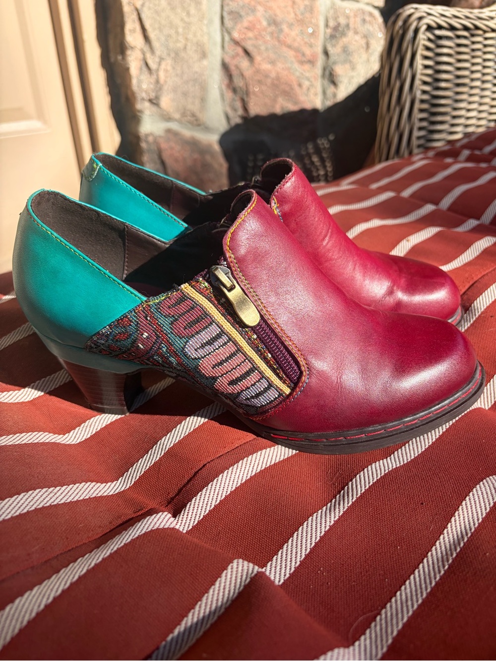 Socofy Size 41 9.5 Heeled Ankle Booties with Zips Multicoloured Tapestry Detail